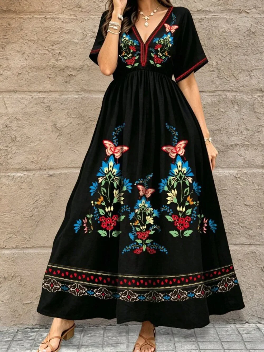 Black Boho Women's Plus Size Casual Vacation Placement Print Dress